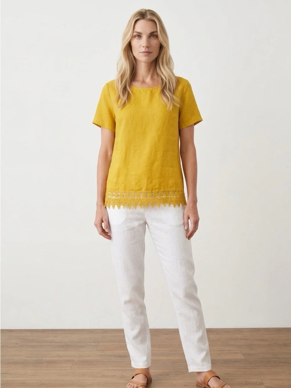 Terzo Millennio Linen Mustard Short-Sleeve Lace-Hem Top Size Small